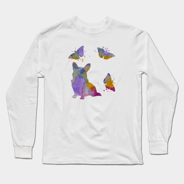 Corgi Art, Colorful Dog, With Butterflies Long Sleeve T-Shirt by BittenByErmines